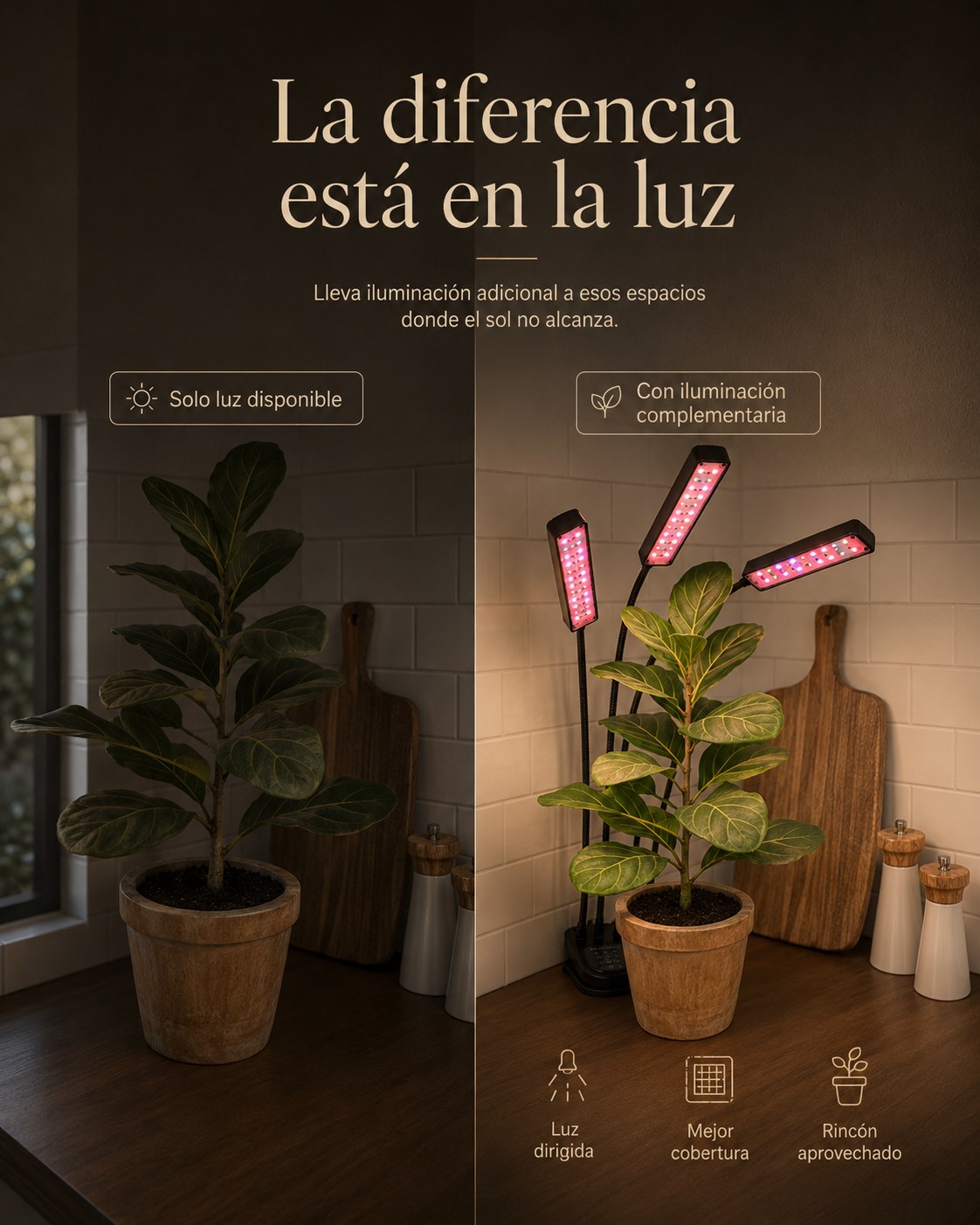 La diferencia está en la luz: solo luz disponible frente a iluminación complementaria