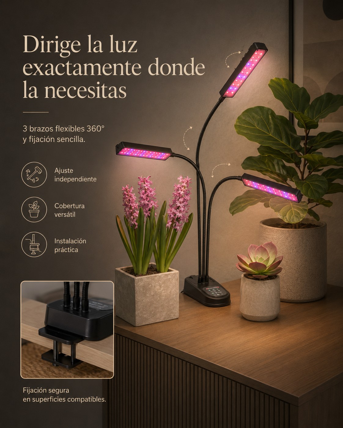 Dirige la luz exactamente donde la necesitas: 3 brazos flexibles 360° y fijación sencilla